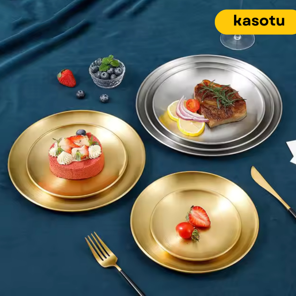 Piring Makan Saji Cafe Kue Steak Stainless Aesthetic Gold Prasmanan Tebal Anak Korea Estetik Golden