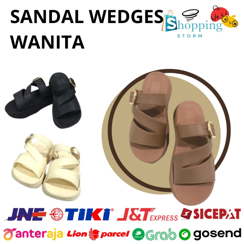 Sandal Wedges Wanita Slip On Wedges Kekinian Empuk Nyawan Korean Style warna Hitam Putih Coklat