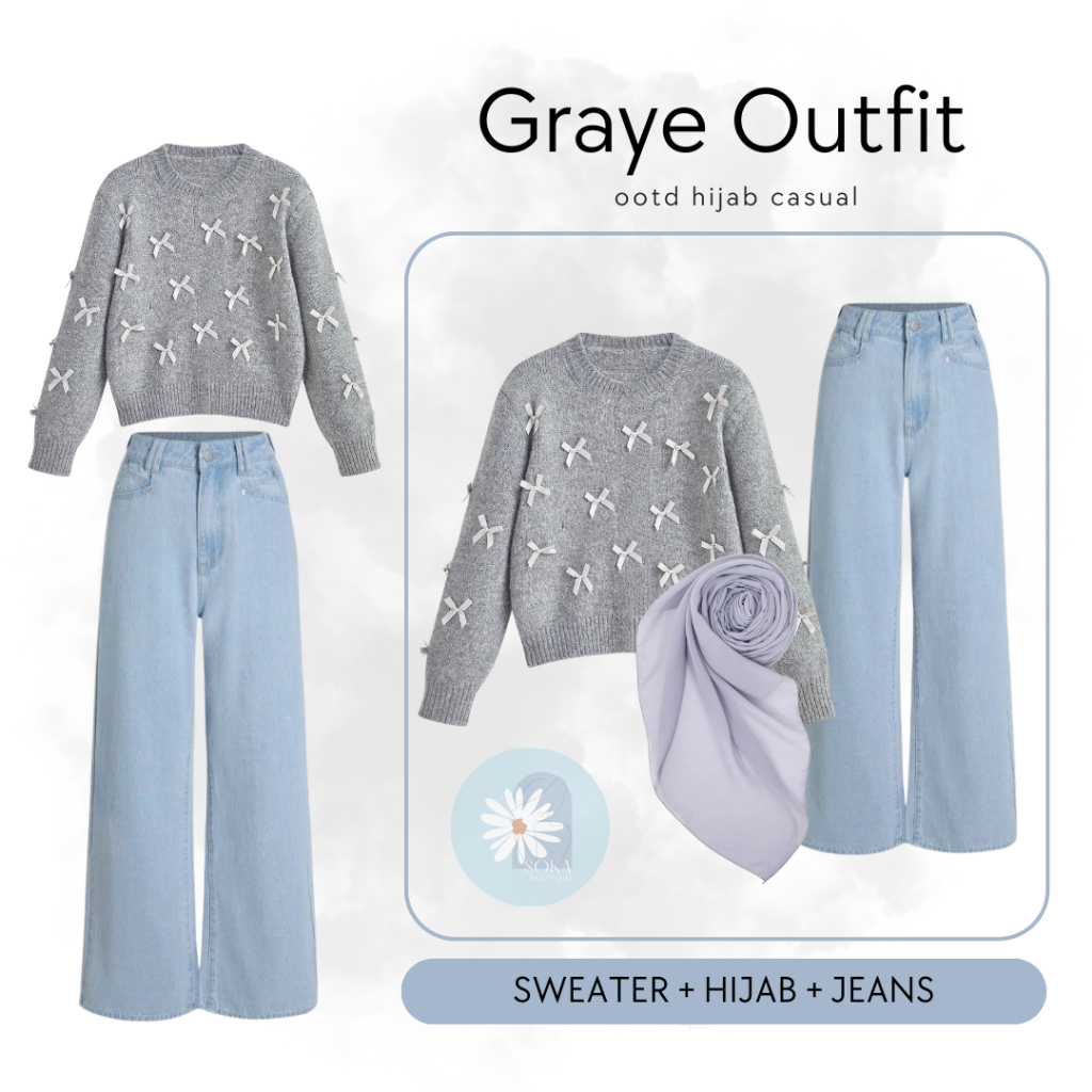 Grayeootd 3in1 Set BB94 - Ribbon Vintage baju setelan hijab wanita kekinian one set hijab
