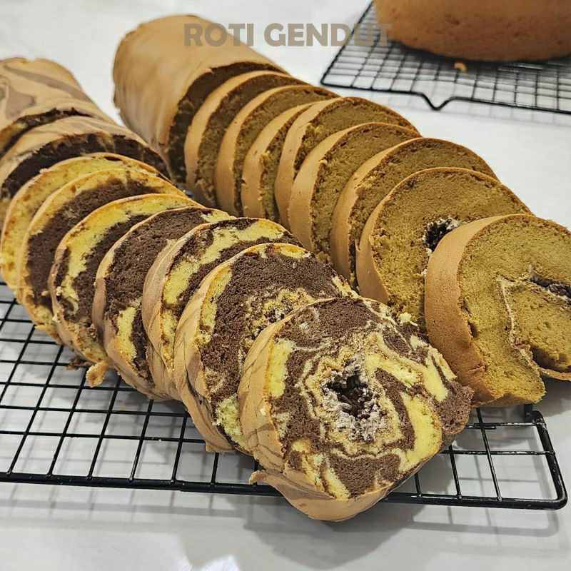 

Bolu Gulung Keju Cokelat Meses Marble Mocca Roti Gendut