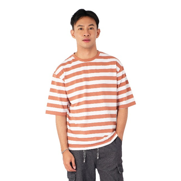 POSHBOY Kaos Lengan Pendek Pria Orange Motif Garis Bahan Super Premium Original Edmonton