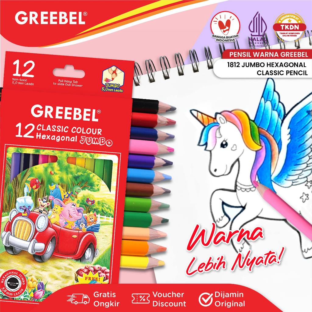 Greebel Pensil Warna / Pensil Warna 12 Warna Panjang / GREEBEL 1812 Jumbo Hexagonal