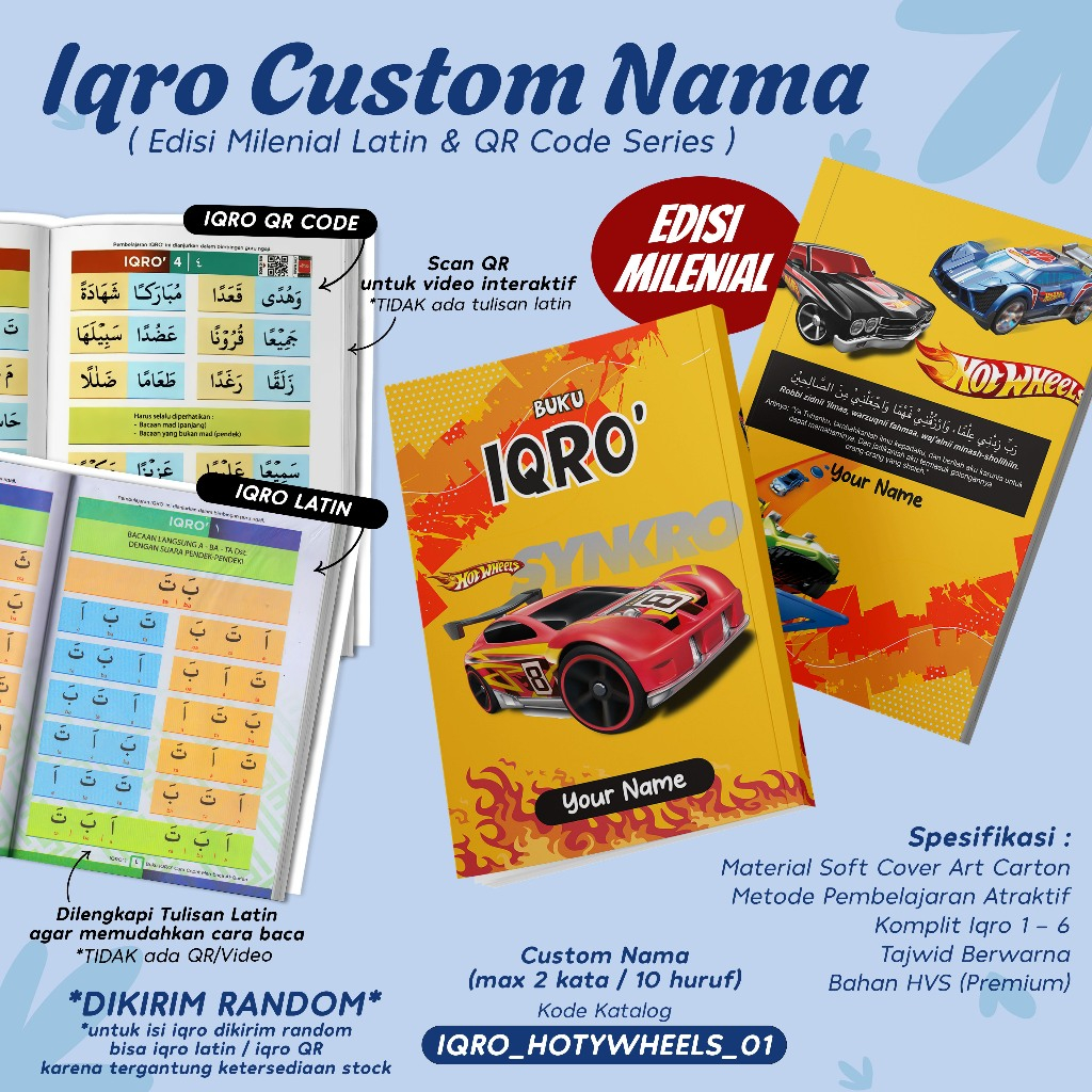 IQRO MILENIAL ANAK CUSTOM DESAIN HOTWHEELS / BUKU IQRO MILENIAL TAJWID BERWARNA SOFTCOVER LENGKAP IQ