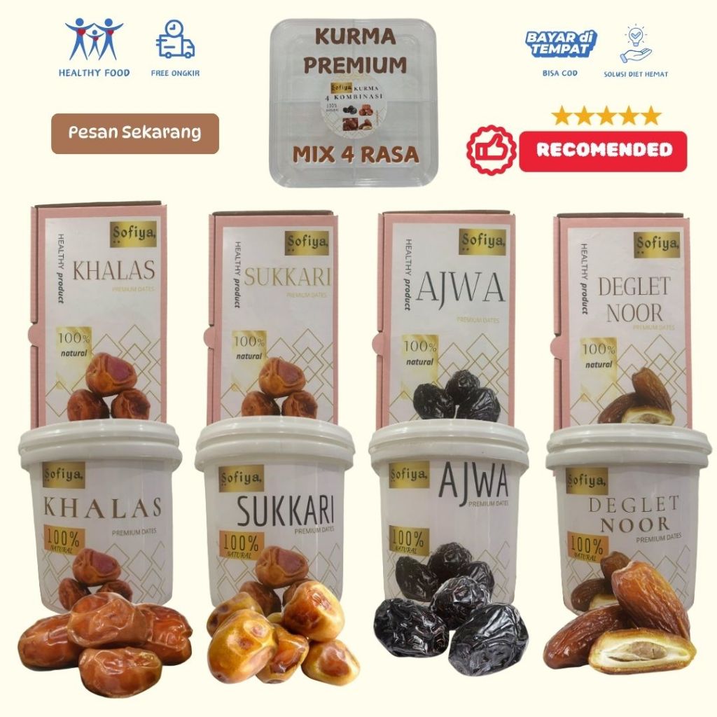 

COD 500 GR KURMA BOX SOFIYAPREMIUMSUKARI/AJWA/TUNISIA/KHALAS MADU TUNIS DEGLET NOOR SAFIYA