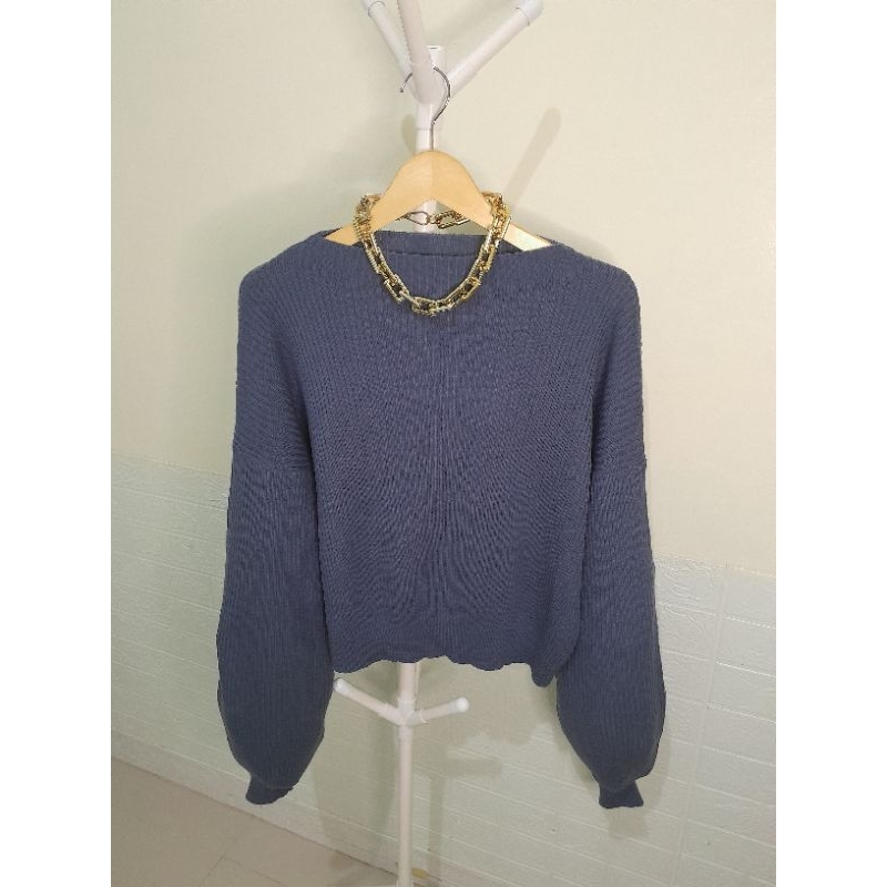 (PRELOVED) SWEATER RAJUT LIDI GREY BLUE DENIM LENGAN SUPER BALON