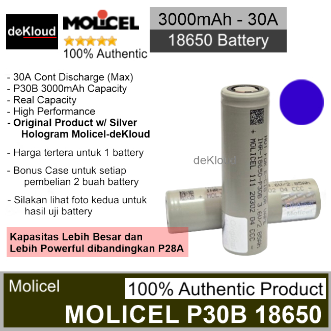 Authentic MOLICEL P30B 18650 Battery | 3000mAh 30A | baterai original batere rechargeable  | ini buk