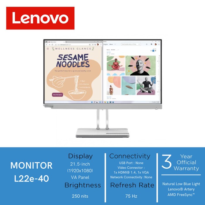 Monitor Lenovo L22e-40 22" 1080p VGA HDMI Silver Phone Holder