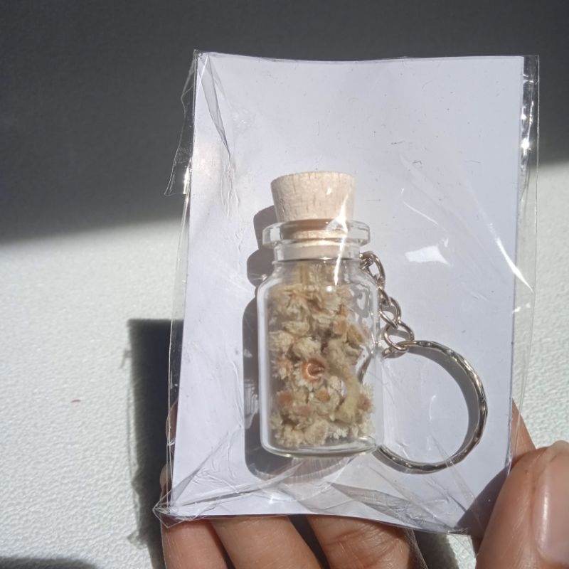 gantungan kunci unik botol kaca isi bunga kering