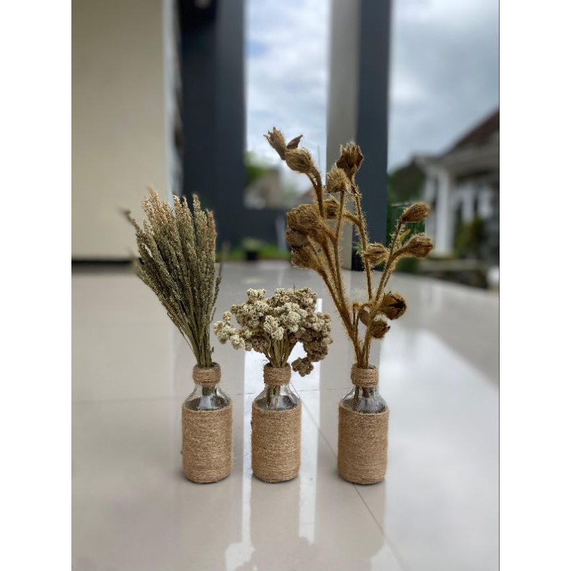 PAKET BUNGA HIASAN MEJA AESTHETIC TERMURAH SATU SET + VASE BOTOL KACA DI BALUT TALI RAMI
