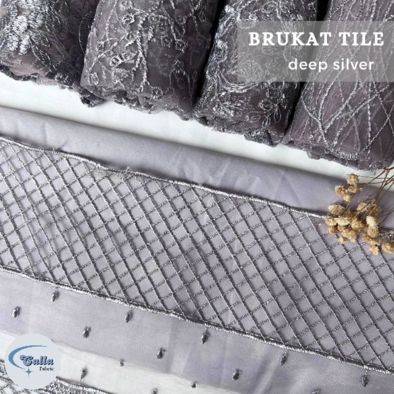 SETENGAH METER Kain Brukat Tile Premium Bahan Kebaya - Deep Silver / Grey ( HARGA PER 50cm KAIN )