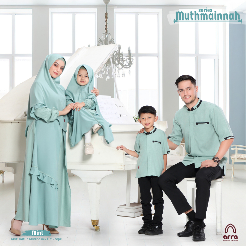 Arra Muthmainnah Hijau Mint Baju Sarimbit Keluarga Muslim Gamis Koko Dewasa Dan Anak Bahan Katun Mad