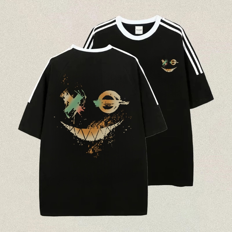 RENELLE Kaos Raglan Pria XO Smiley  Lengan Pendek Baju Distro Oversize Vintage Tshirt Import Unisex