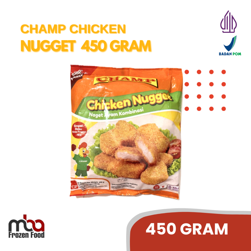 

Champ Chiken Nugget 450 Gram /Nugget /AyamTepung /Frozenfood /Nugget Ayam /Makanan Siap Saji /Makanan Beku /Ayam Goreng /Beku /Ayam Beku