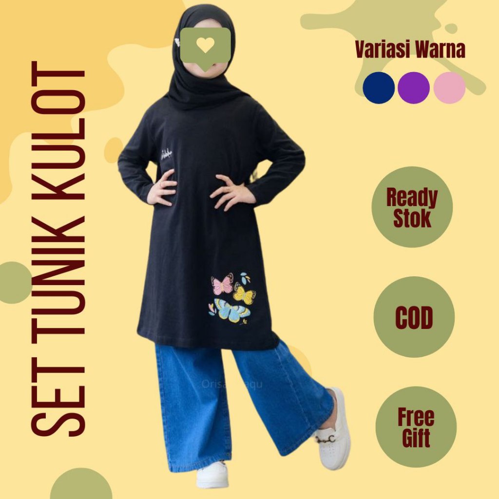 Baju Setelan Anak Perempuan Kaos Tunik Celana Kulot Jeans Kakadede