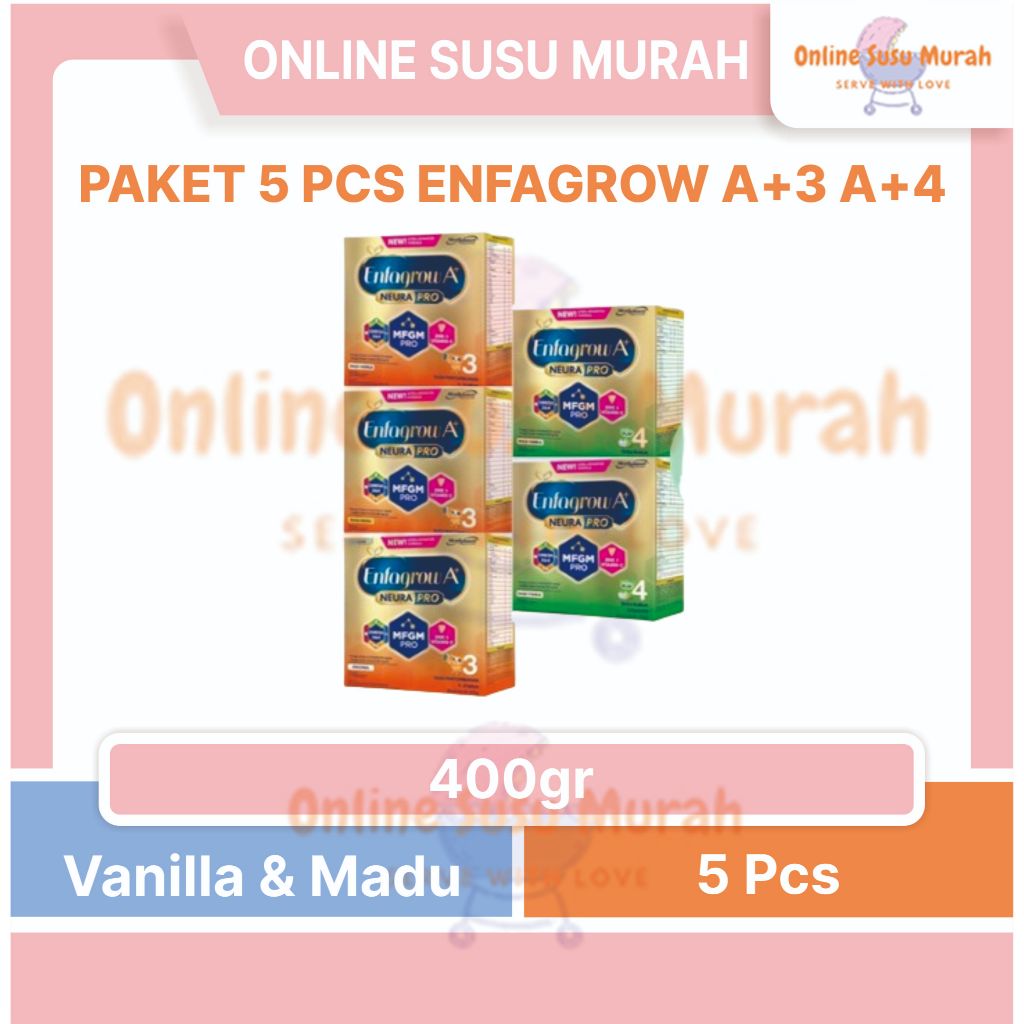 ENFAGROW PAKET 5 KOTAK A+3 VANILA MADU ORIGINAL A+4 VANILA MADU 400GR ENFA GROW A+ 3 4 400 GR SSKD