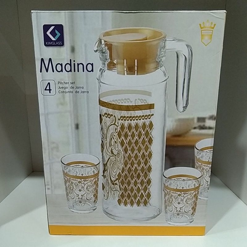 PITCHER SET KIMGLASS MADINA 4 IN 1 | TEKO SET MOTIF CANTIK MURAH (1 TEKO 3 GELAS) | BAHAN KACA SUPER