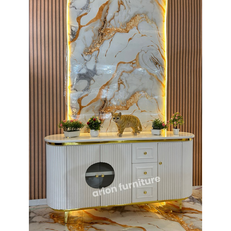 Bufet tv oval/meja tv oval kaki besi gold/meja tv bulat/meja tv kapsul/ Meja tv konsul/Bufet list go