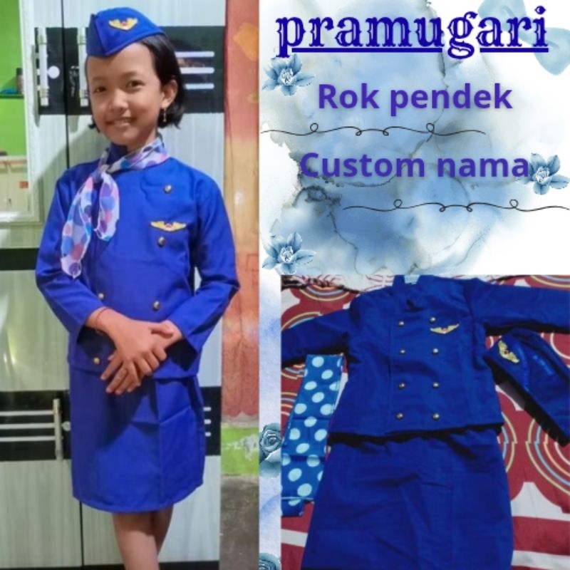 BAJU PRAMUGARI BIRU ROK PENDEK /PRAMUGARI ANAK BIRU +SYAL (LENGKAP)