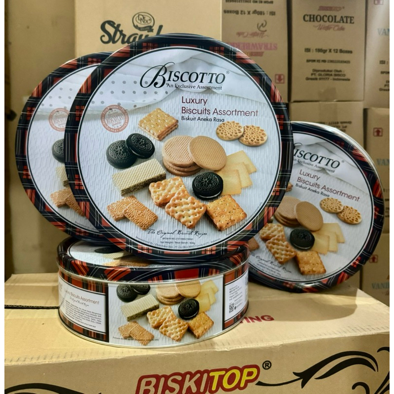 

Biscotto luxury biscuit assortment kaleng bulat 400 gr 1 karton isi 6