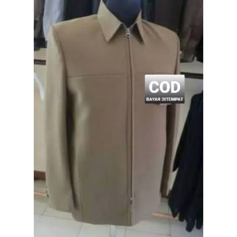 Jasket Dinas Zipper Pria Elegan / Jasket Santri Pria Keren / Jaket Semi Jas Laki Laki Elegan