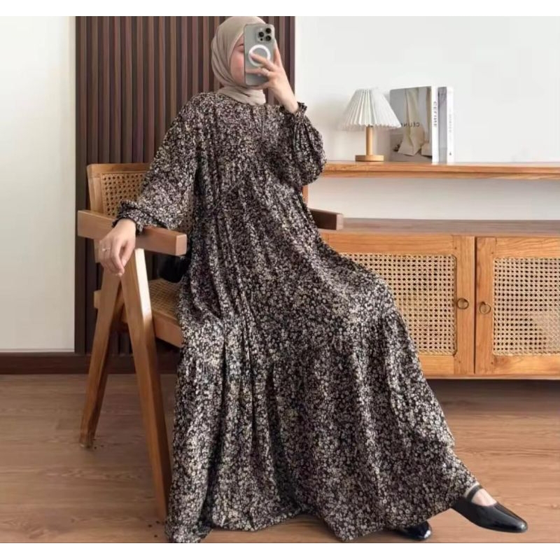 MIDI DRESS RAYON PREMIUM JUMBO MOTIF BUNGA/GAMIS MIDI RAYON TWILL DEWASA BUSUI LD 120