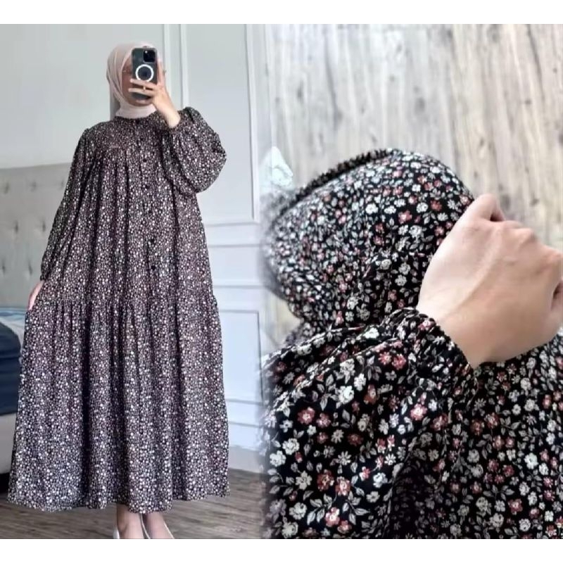 {TERLARIS} MIDI DRESS RAYON MOTIF BUNGA BAHAN RAYON TWILL PREMIUM/ GAMIS MIDI WANITA DEWASA JUMBO BU