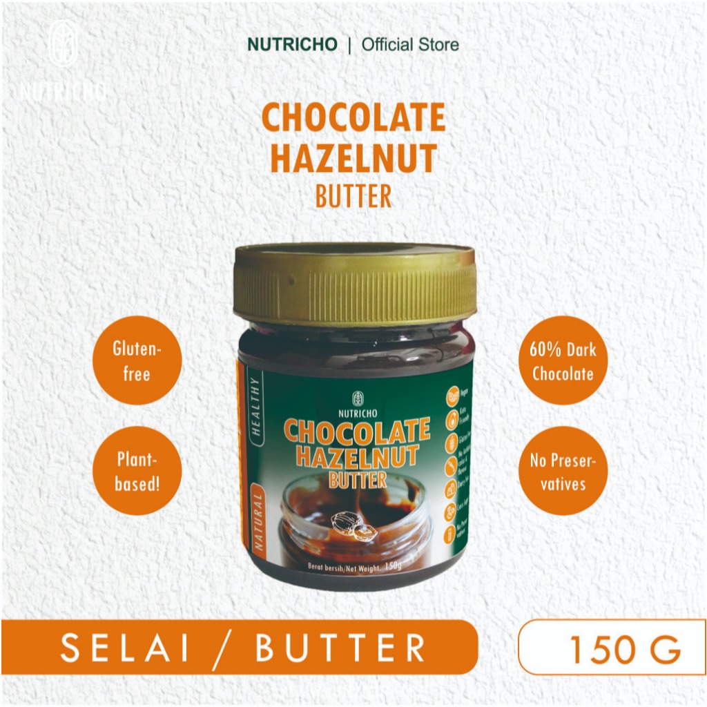 

Nutricho Selai Coklat Hazelnut - Chocolate Hazelnut Butter 150g - 60% Coklat Cocoa - Rendah Gula