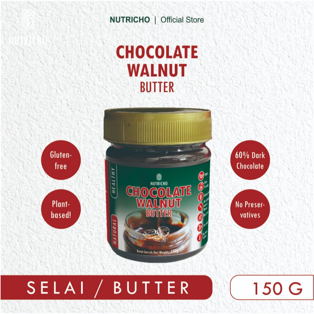 

Nutricho Selai Coklat Walnut - Chocolate Walnut Butter 150g - 60% Cocoa - Vegan Rendah Gula