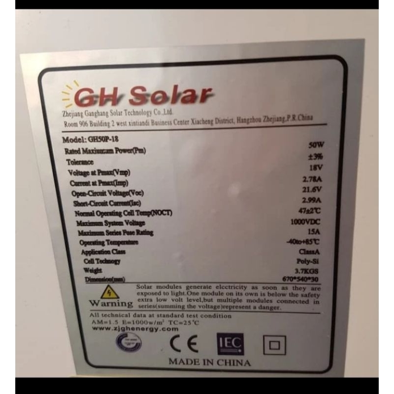 panel Surya 50 Wp merk GH