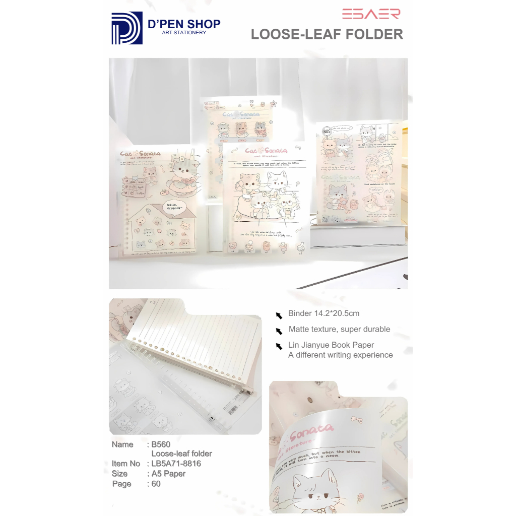 

Binder Loose-Leaf Folder A5 Binder book 60 Lembar Notebook Cute Transparan ESAER Cat Sonata