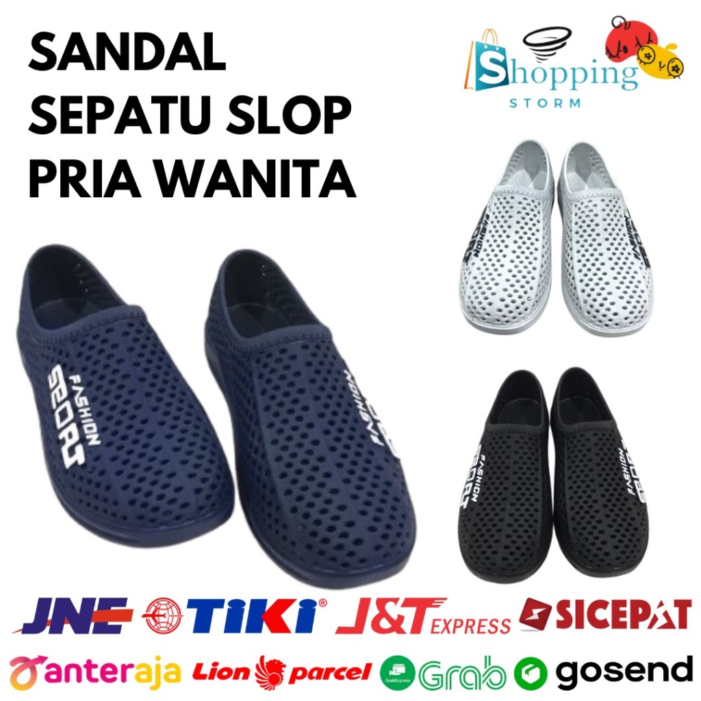 Sepatu Slop Jaring Karet Pria Anti Air Motif Fashions Sport Super Keren Kekinian Hitam Navy Biru