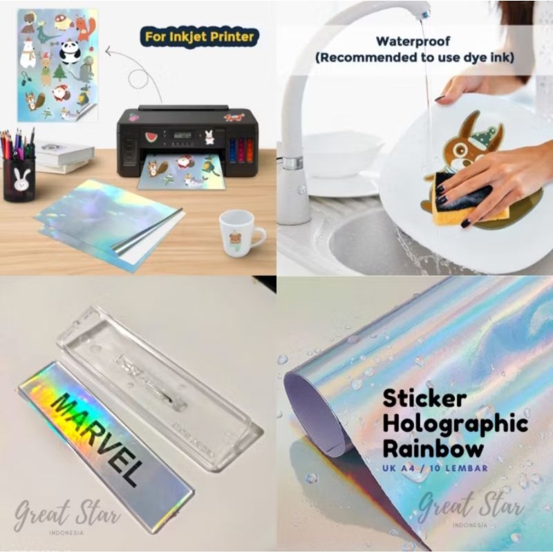 

sticker rainbow holographic water proof A4 isi 10 lembar sticker hologram