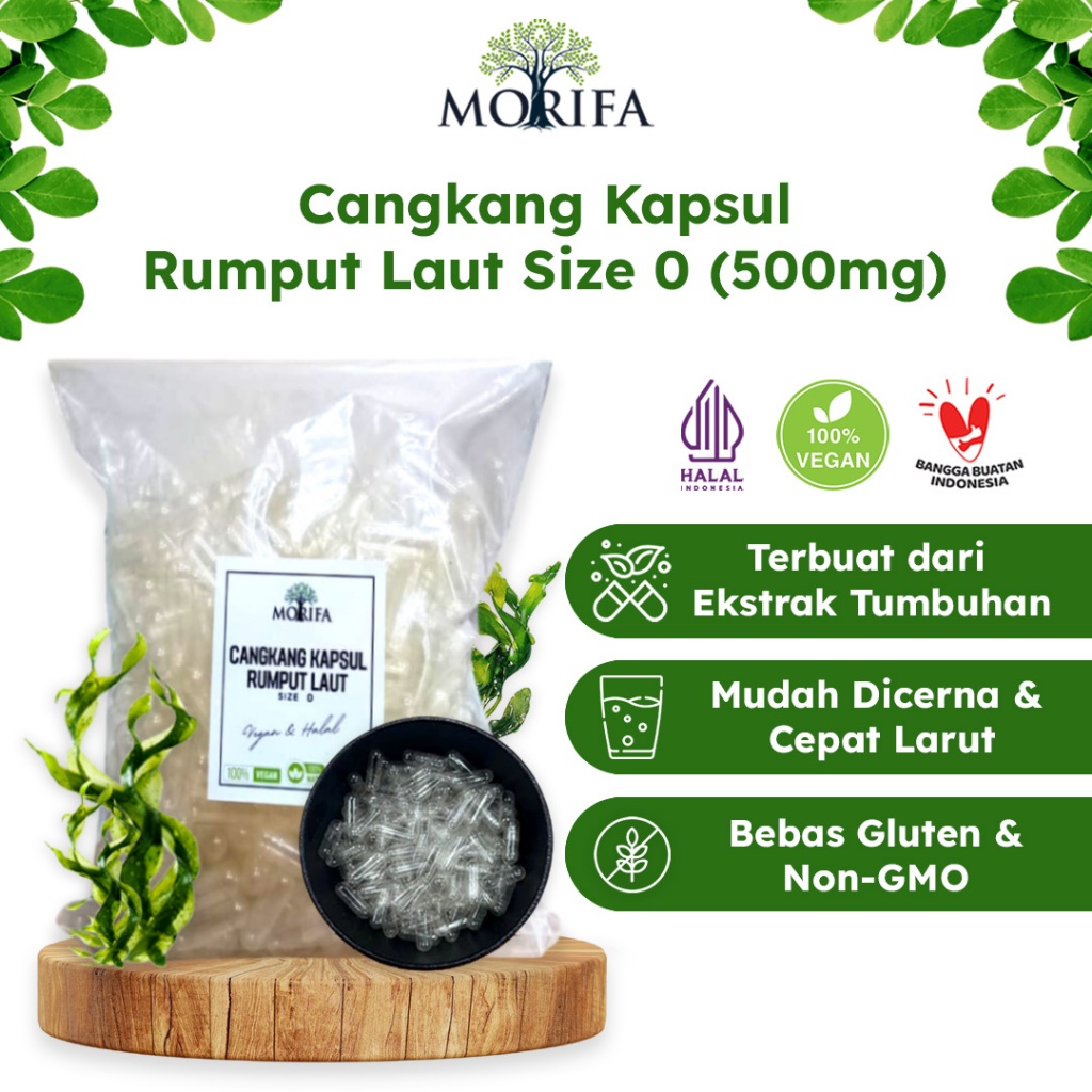 MORIFA Cangkang Kapsul Kosong  Size 0 Bening Vegan Natural Rumput Laut Halal isi 500 Butir