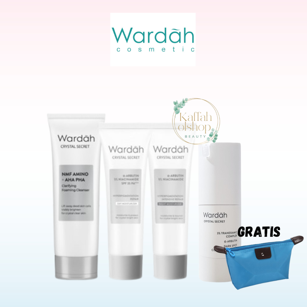 WARDAH PAKET CRYSTAL SECREET 4 PRODUK FREE POUCH MAKEUP ATASI FLEK HITAM & BEKAS JERAWAT ( DAY MOIST