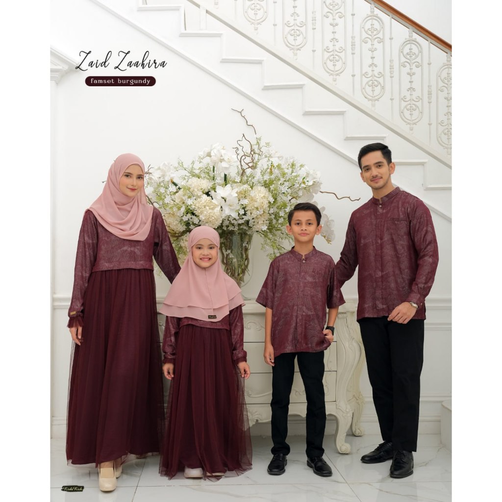 RISKIRICH Sarimbit Zaid Zaahira Burgundy Baju Couple Keluarga Lebaran 2025