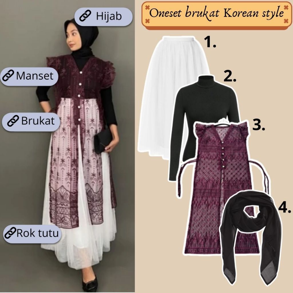 Oneset Outer Tunik Brukat Kondangan 4in1 Tunic Brukat+Rok tutu+Hijab Setelan Wanita Korean Look
