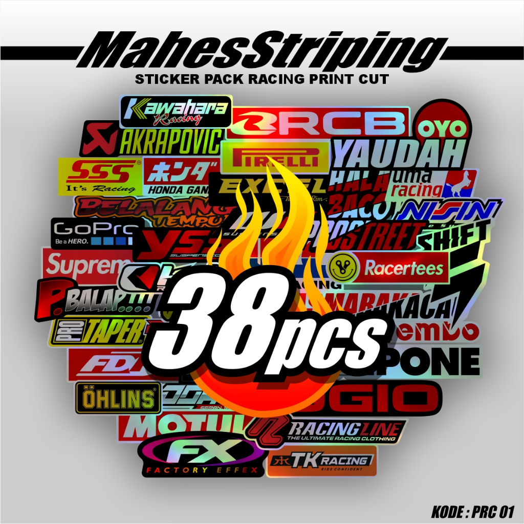 

Sticker Pack Racing Hologram Vinyl isi 38pcs Lembar Print Cut Sudah Potong Tinggal Tempel Stiker Logo Racing MS.PRC01