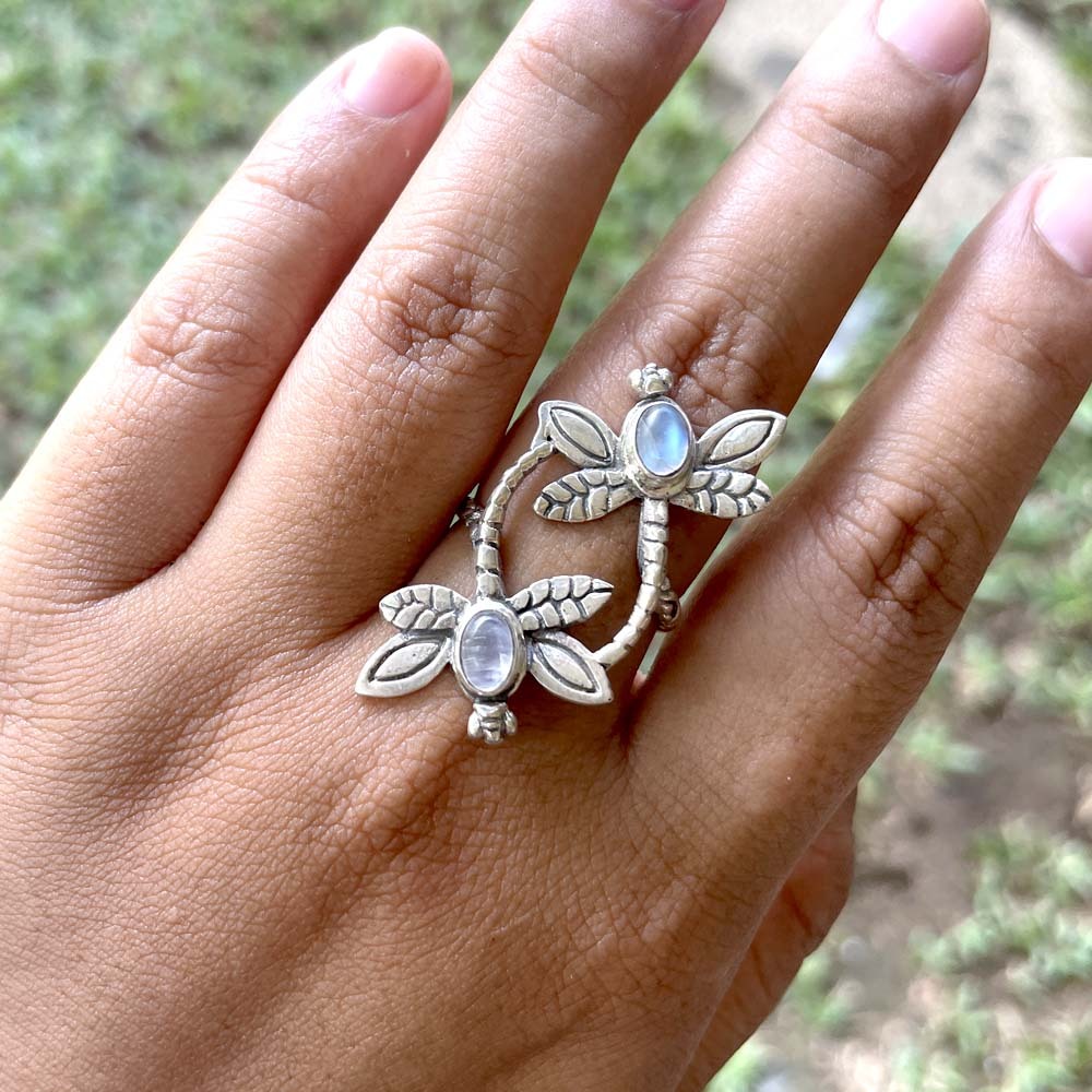 Cincin Ring Perak Silver Bali Asli 925 Korea Capung Dragonfly Moonstone Biduri Bulan Pria Laki Wanit