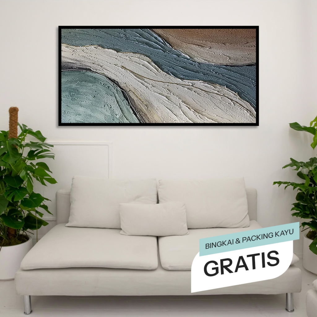 Lukisan Dinding Abstrak Landscape Teal Beige 3D Tekstur Aesthetic Minimalis