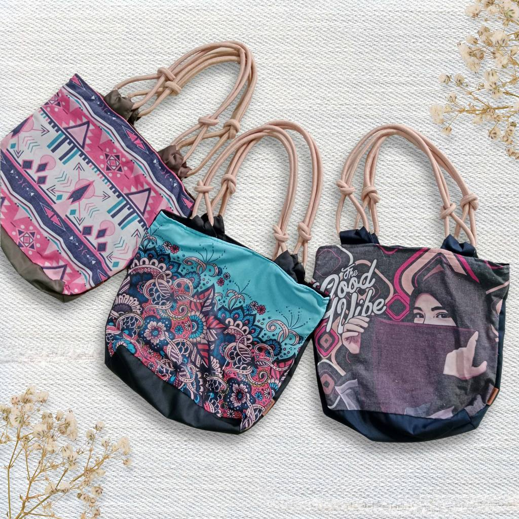 [DISVA A] Tas Totebag Tali Sumbu Resleting Tas Wanita Bahan Kain Gambar Motif Hijab Muslimah