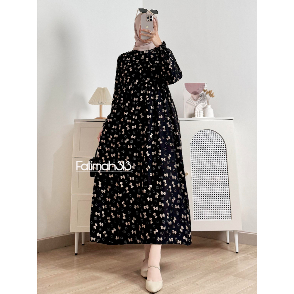 Midi Dress Wanita Muslim Motif Bunga Bahan Rayon Ld 110 & 120 Size XL & XXL By Fatimah313
