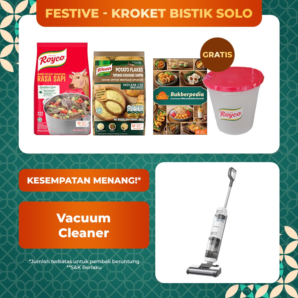 

Festive - Kroket Bistik Solo (Royco Sapi 1Kg + Knorr Potato Flakes 500G + Free Gift - Buku Resep Accordion Festive + Free Gift - Food Container Royco)