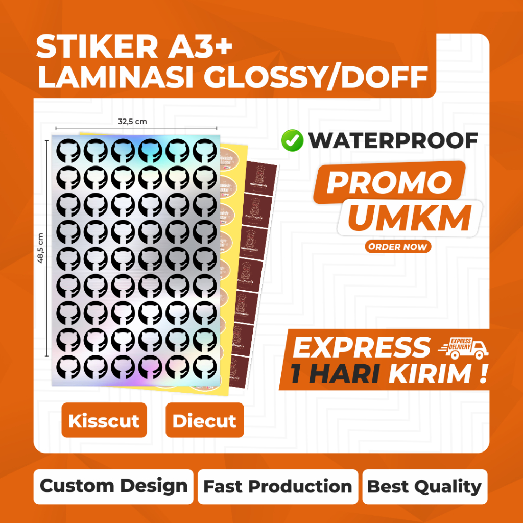 

CETAK STICKER CUSTOM BERBAGAI BAHAN PILIHAN A3+ (CUTTING + LAMINASI)