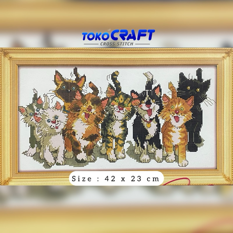 Paket Kristik Pola Cetak Kain Eight Cats D856, Crossstitch Print Patern Eight Cats, Kristik Pola Kai