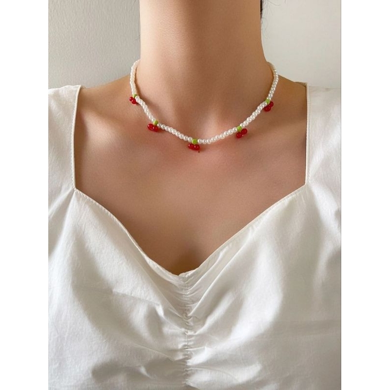 kalung cherry mutiara aesthetic korea | kalung wanita lucu | cherry necklace kekinian