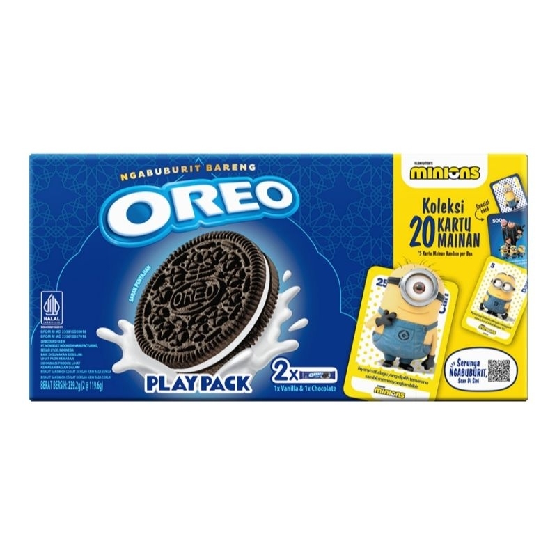 

Oreo Play pack Minions biskuit krim vanila& coklat Box 239.2gram