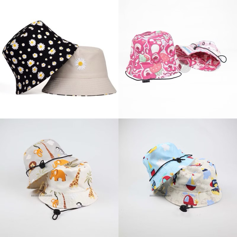 Topi Bucket Hat Anak Bolak Balik Karakter Bunga Polos anti UV | Topi anak perempuan laki-laki bayi |
