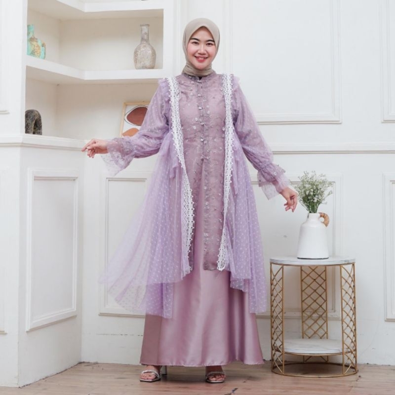 Safa Dress One Set Gamis Outer Lepas Pasang Gamis Satin Velvet Roberto Cavali Resliting Depan (busui