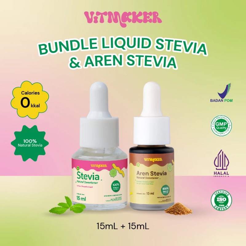 

Vitmaker Liquid Gula original + Aren Stevia Pemanis Alami (pengganti gula dengan 0 calorie) 5ML & 15ML HALAL dan BPOM