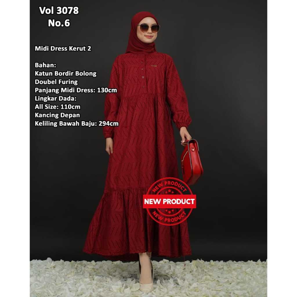 DRESS KATUN BOLONG- DRESS RUFLLE KATUN BORDIR BOLONG WANITA 3078 TERBARU